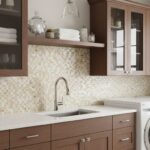 Beige mosaic tile with textured surface and small square pattern, installed behind kitchen sink and countertop.