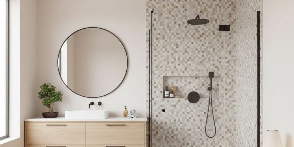 Beige mosaic tile with textured surface in a bathroom, featuring a round mirror, black fixtures, and a minimalist design.