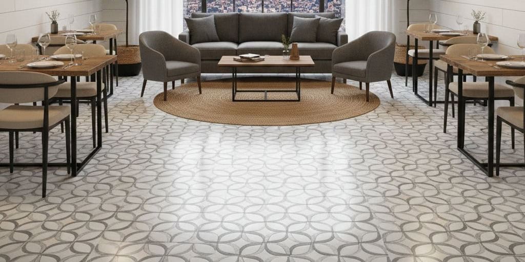 Light gray ceramic tile with a circular geometric pattern and smooth texture.