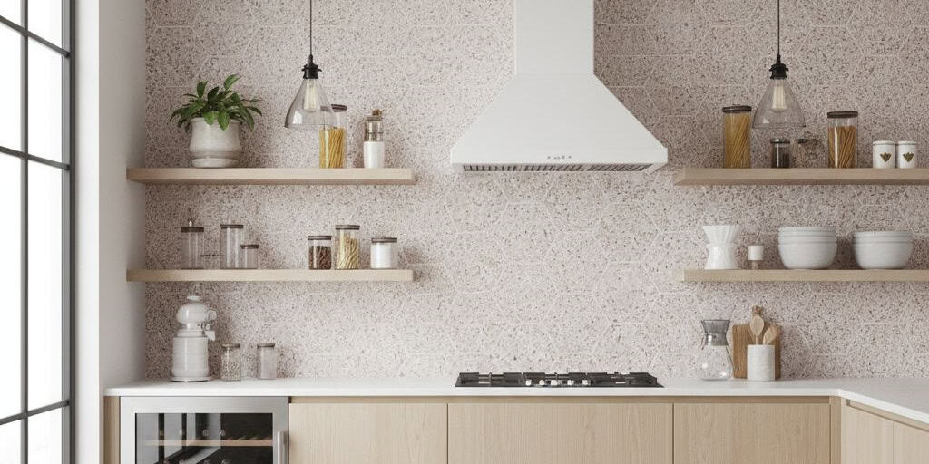 Beige speckled tile with smooth texture and subtle pattern, perfect for contemporary kitchen decor.