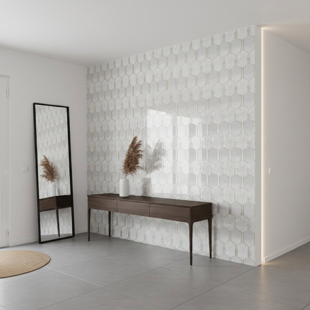 Hexagon tile wall featuring a subtle beige and white color palette with textured surface.