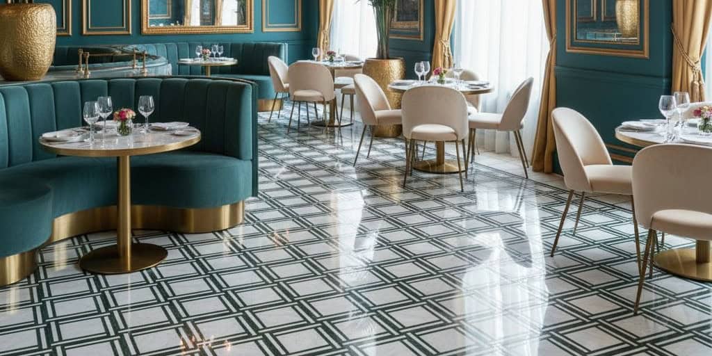 Bright, patterned ceramic tile with blue, white, and gold accents, featuring a geometric design and glossy finish.