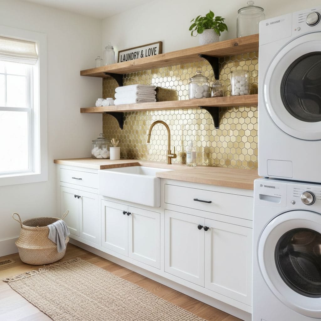 Bright laundry room with gold hex tile backsplash and white cabinetry. Features a farmhouse sink, open wooden shelves, and st.