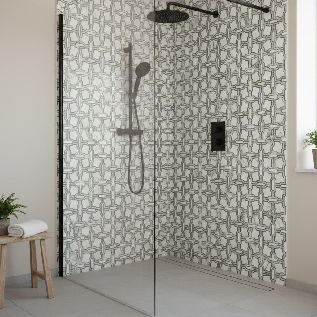 Geometric patterned wall tiles in neutral tones for modern shower design.