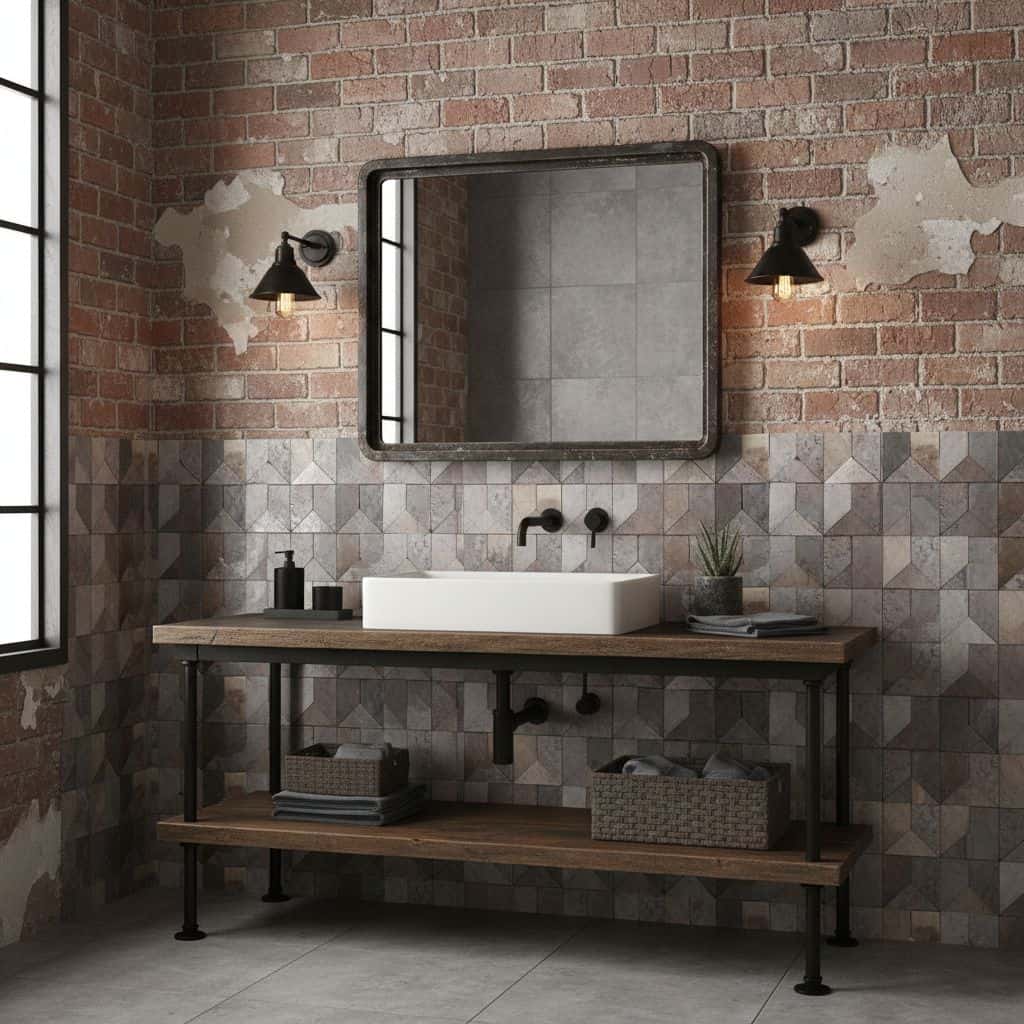 A modern bathroom featuring rustic brick wall tiles combined with geometric patterned tiles, complemented by black fixtures a.