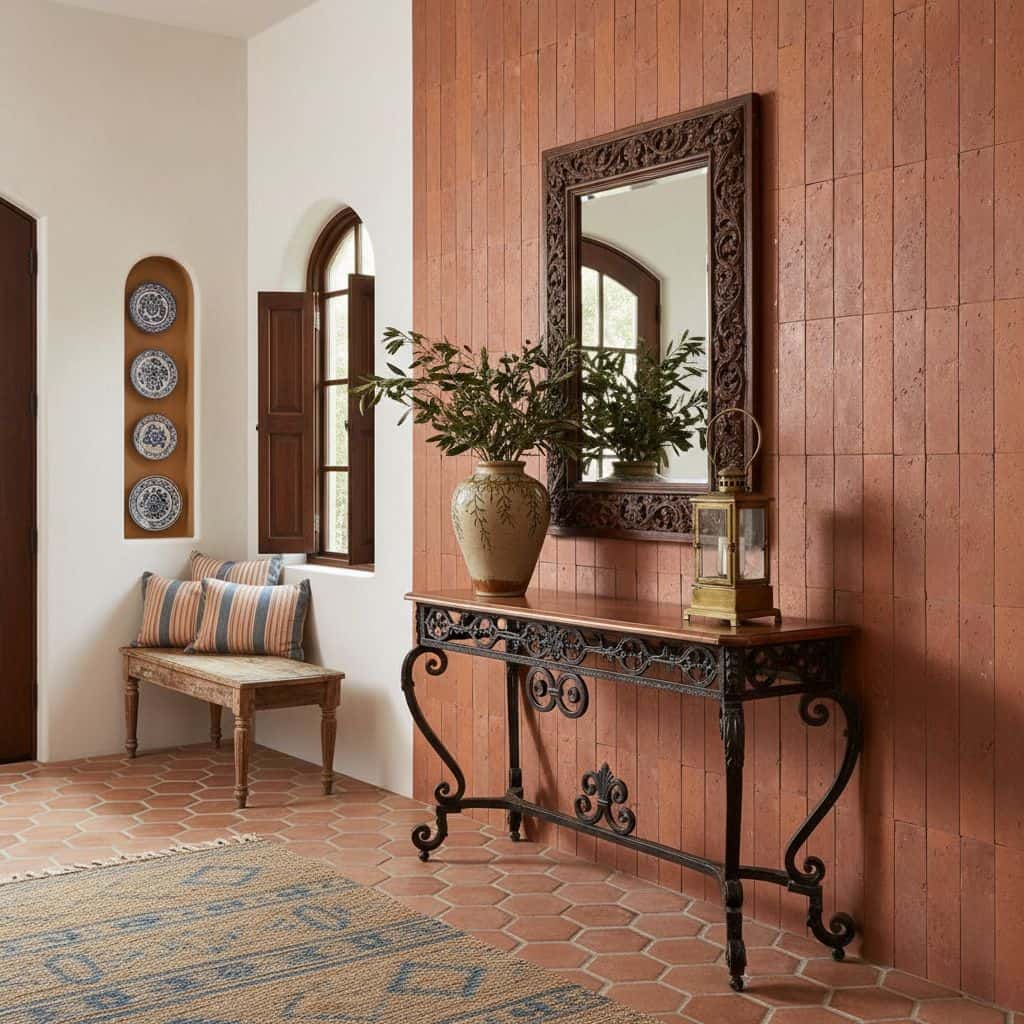 Warm terracotta-colored ceramic tiles with textured surface and rustic finish.