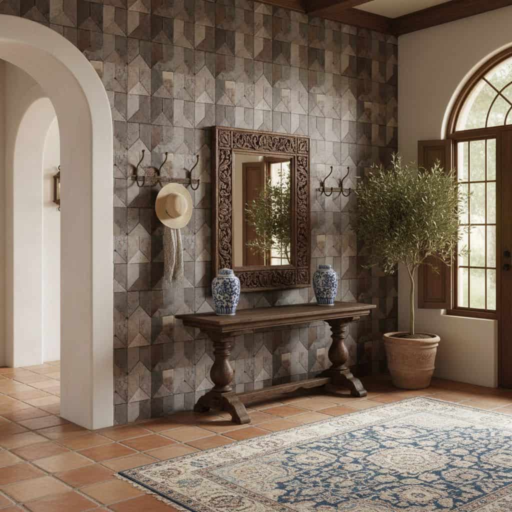 Geometric patterned wall tiles in neutral tones, textured surface, perfect for elegant home decor.