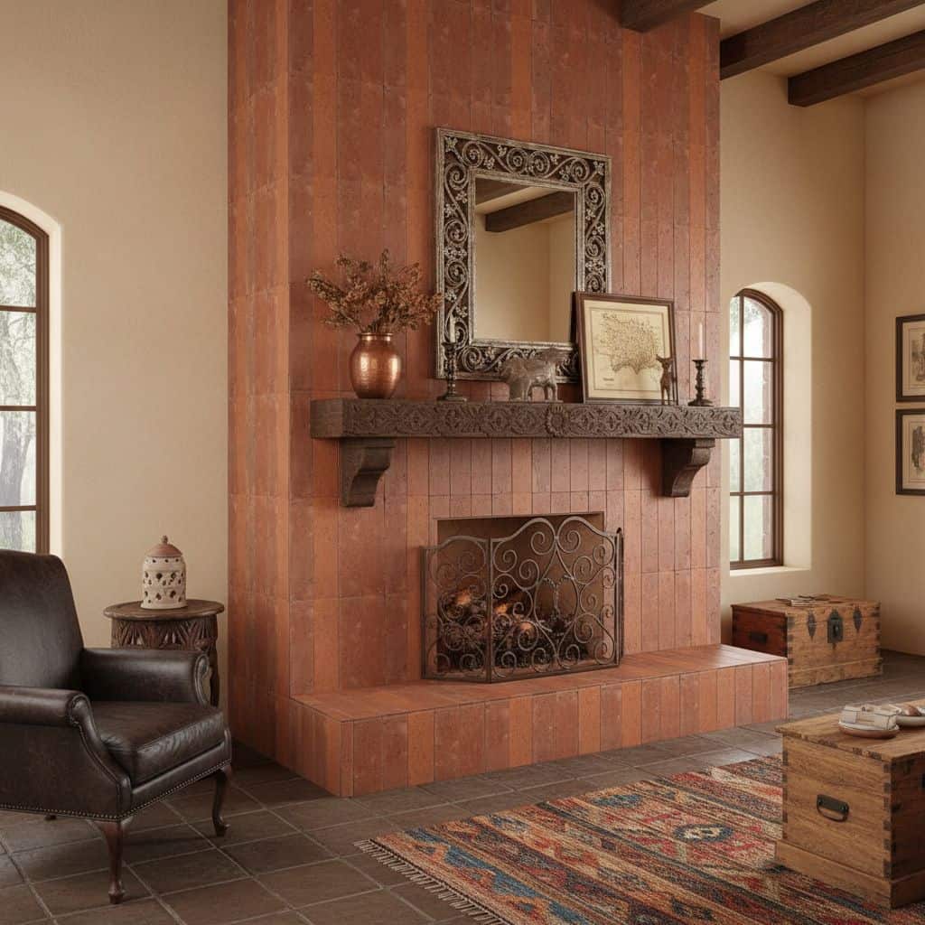 Fireplace tile wall in warm terracotta tones with textured surface, complemented by a decorative mirror and vintage decor.