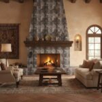 Cozy living room featuring a large stone fireplace with a warm fire, surrounded by beige walls, classic furniture, and elegan.