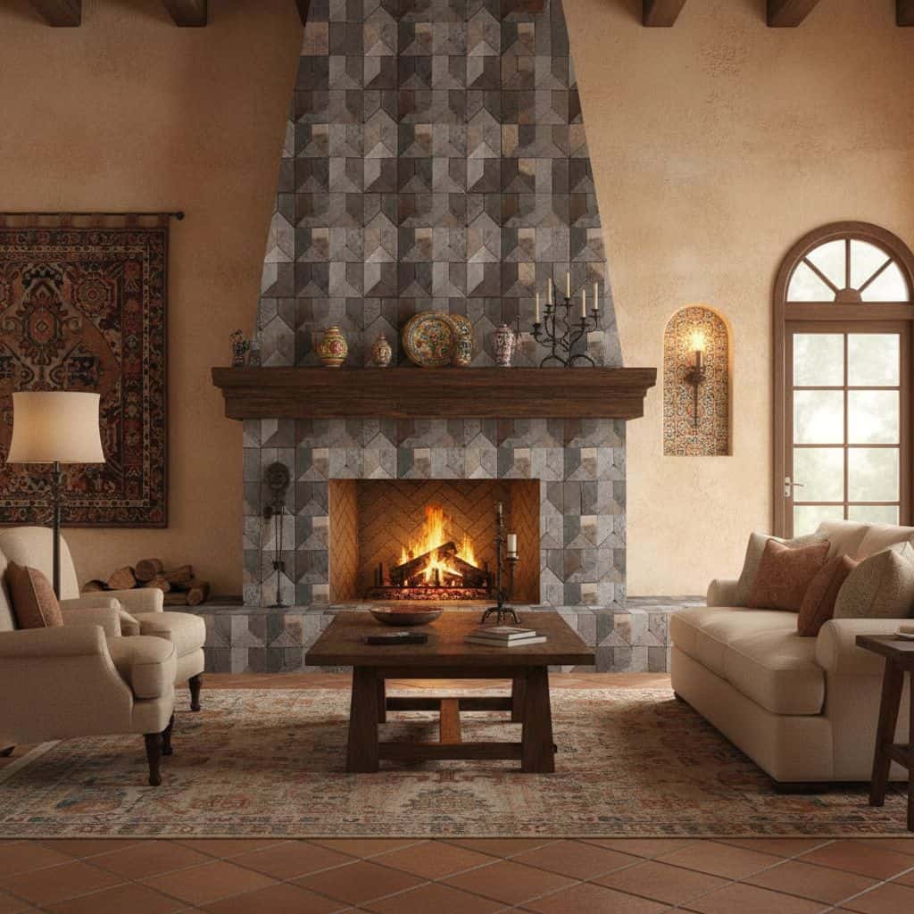 Cozy living room featuring a large stone fireplace with a warm fire, surrounded by beige walls, classic furniture, and elegan.