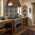 A close-up of a kitchen backsplash featuring textured, multicolored stone tiles in earthy tones.