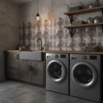 Geometric patterned gray and beige tile wall in laundry room.