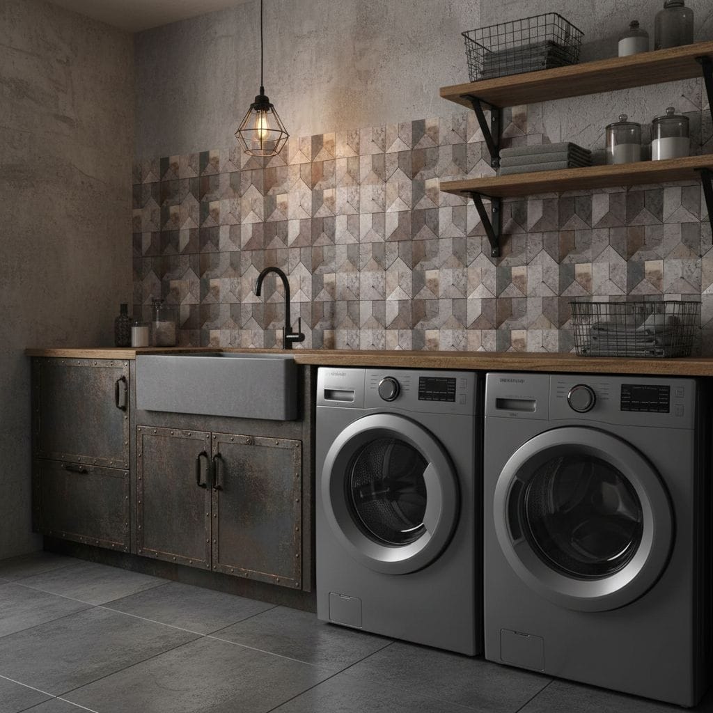 Geometric patterned gray and beige tile wall in laundry room.