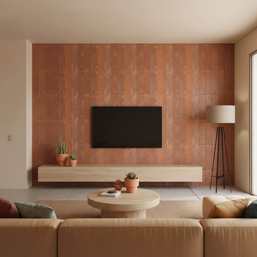 Terracotta brick wall with textured surface and warm earthy tones, ideal for contemporary interior design.