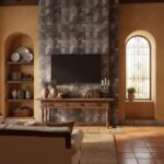 Warm-toned geometric wall tiles with textured surface in earthy shades.