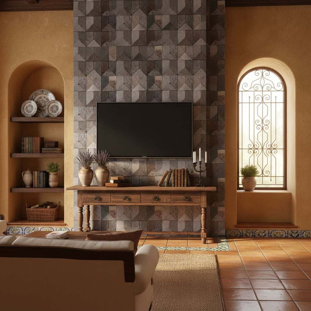 Warm-toned geometric wall tiles with textured surface in earthy shades.