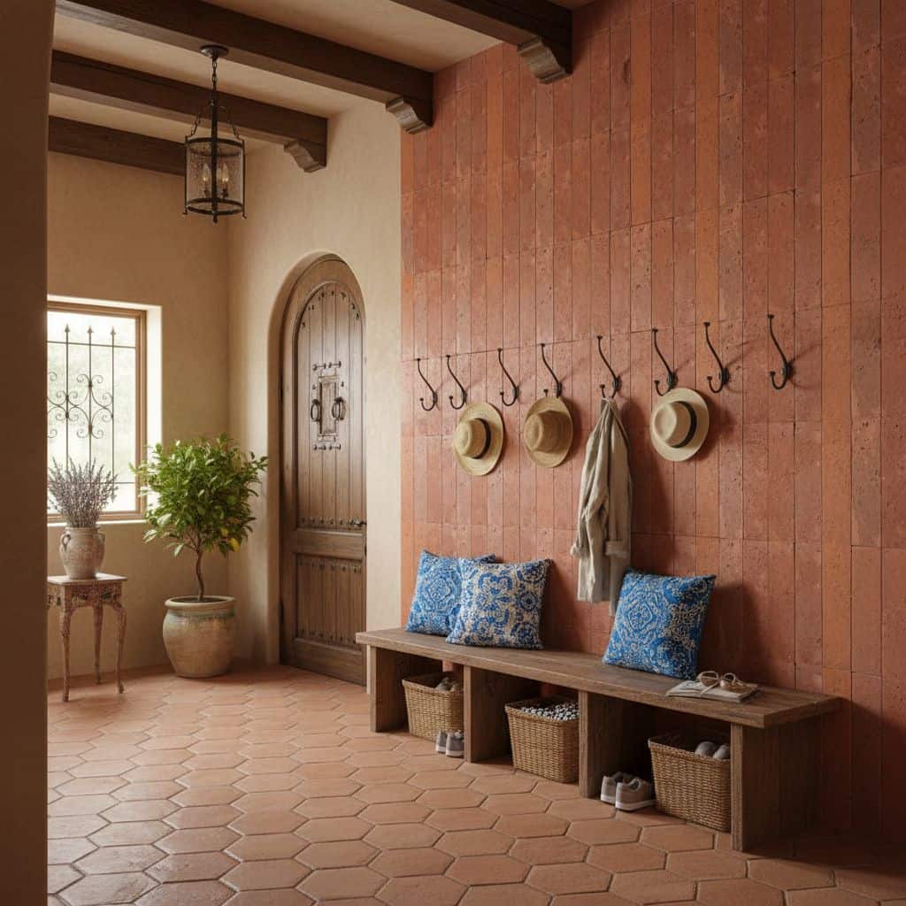 Warm terracotta-colored tiles with textured surface and matte finish.