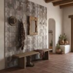 Rustic stone tile wall with earthy tones and textured surface.