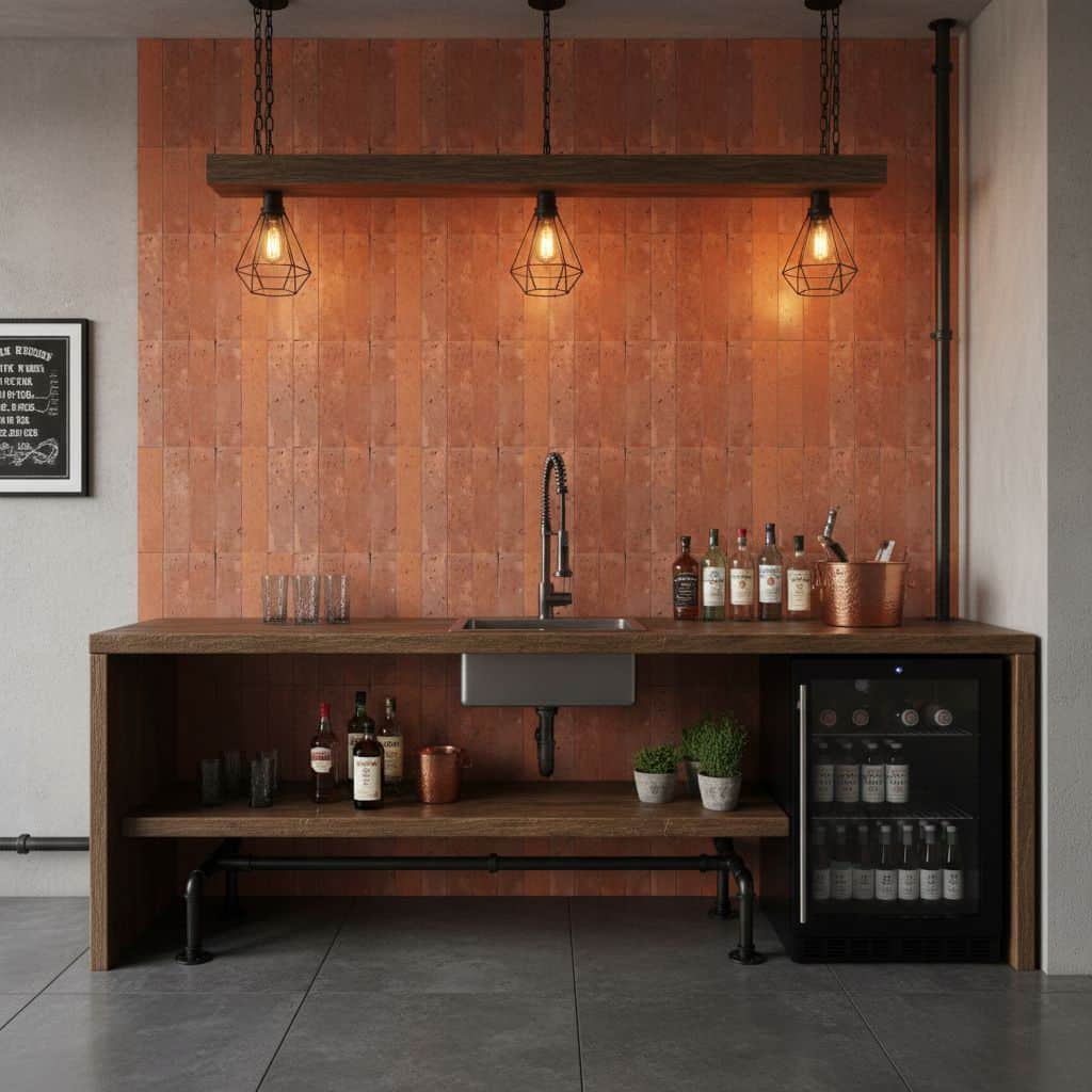 Brick tile, warm wood, and black metal accents create a cozy, industrial aesthetic.