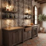 Warm-toned stone tile backsplash with textured surface and natural color variations.