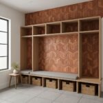 Terracotta tile wall with geometric pattern, wooden storage bench, and woven baskets.