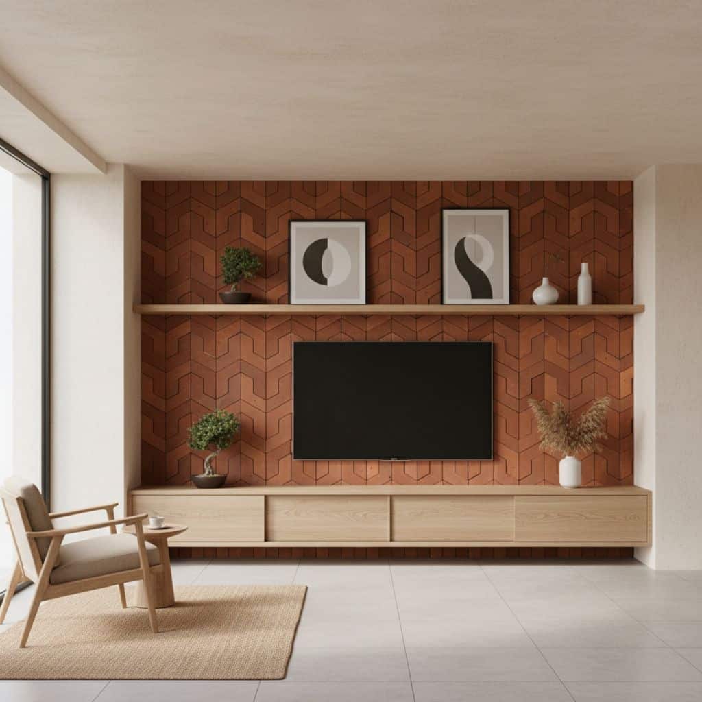 A close-up of a living room wall featuring warm-toned, geometric wood tiles with a textured surface, complemented by minimali.