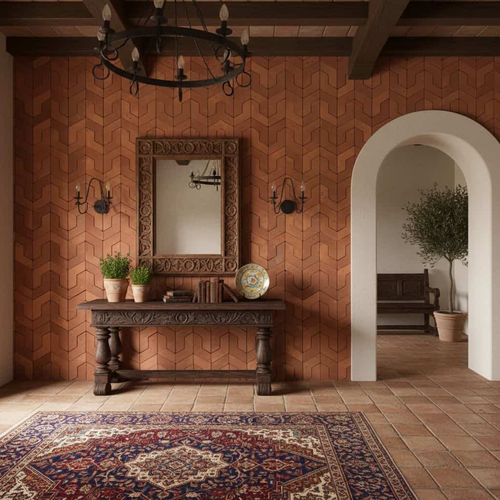 Warm terracotta-colored textured wall tiles with a matte finish and geometric pattern.