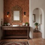 Warm terracotta-colored textured tiles with a matte finish, complemented by a carved wooden mirror frame and natural decor ac.