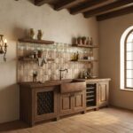 Warm terracotta tile backsplash with textured surface and natural wood cabinetry.