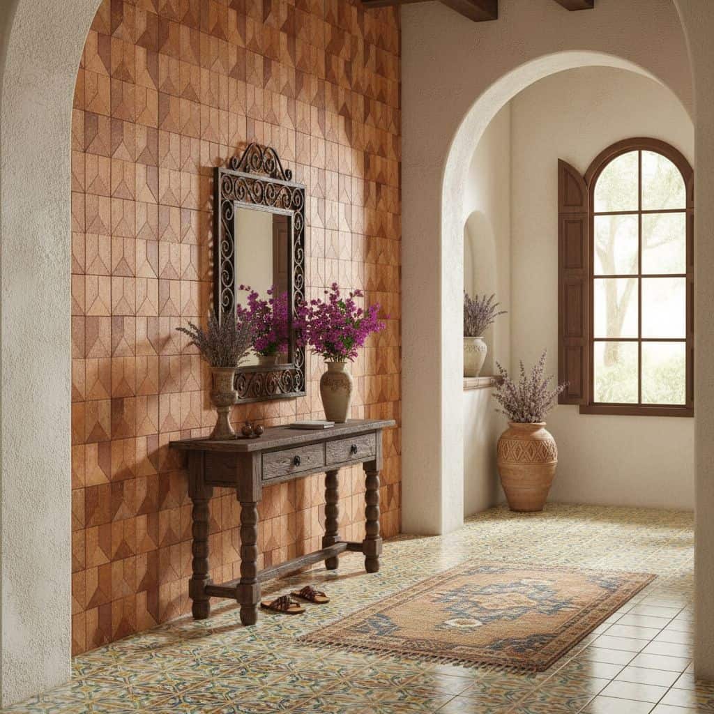 A warm-toned wooden textured tile wall with geometric pattern in a cozy entryway.