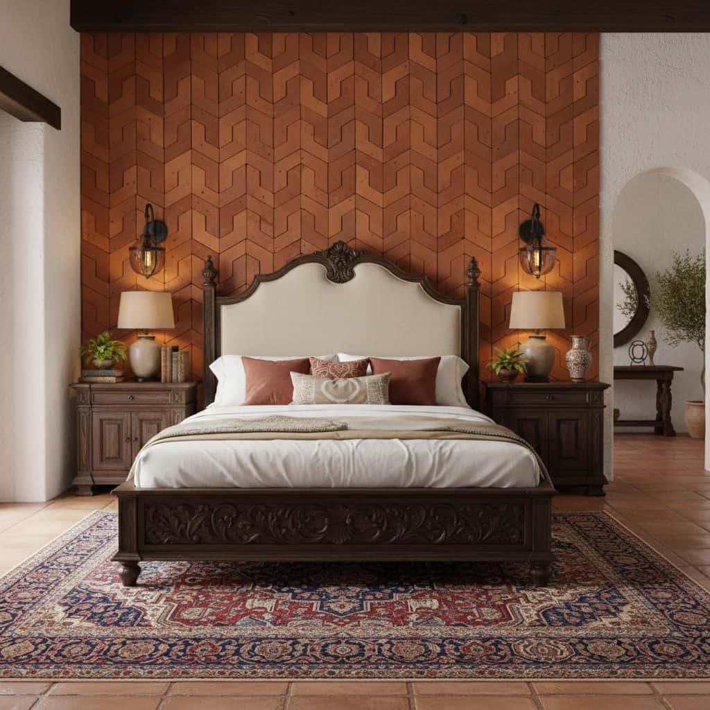 Wood-textured tile wall in warm brown tones behind a classic bedroom setting.