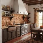 Rustic terracotta tile backsplash with textured surface and warm earthy tones.