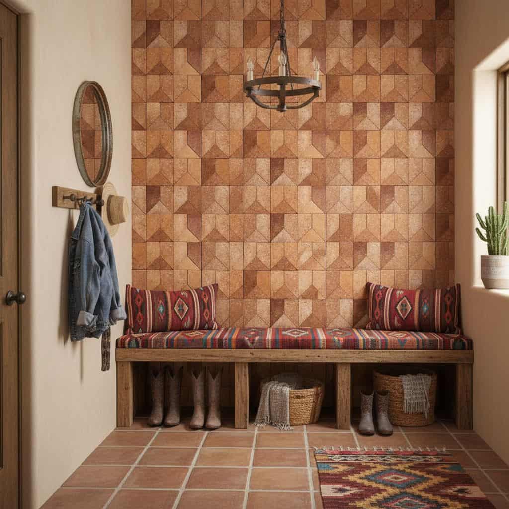 A cozy entryway with a wooden bench, colorful cushions, and a geometric patterned tile wall in warm earthy tones.