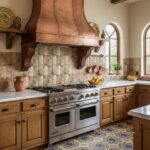 Kitchen tile backsplash with warm copper range hood and wooden cabinetry.