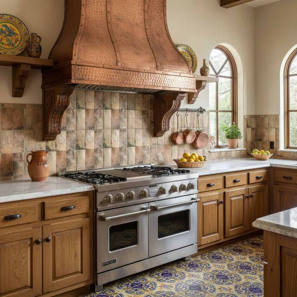 Kitchen tile backsplash with warm copper range hood and wooden cabinetry.