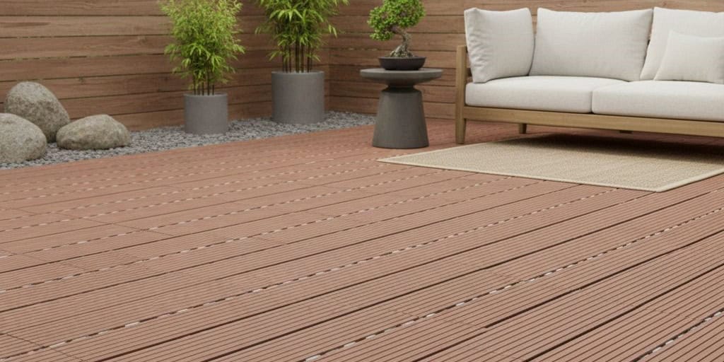 Warm brown wooden deck with smooth texture and natural grain.