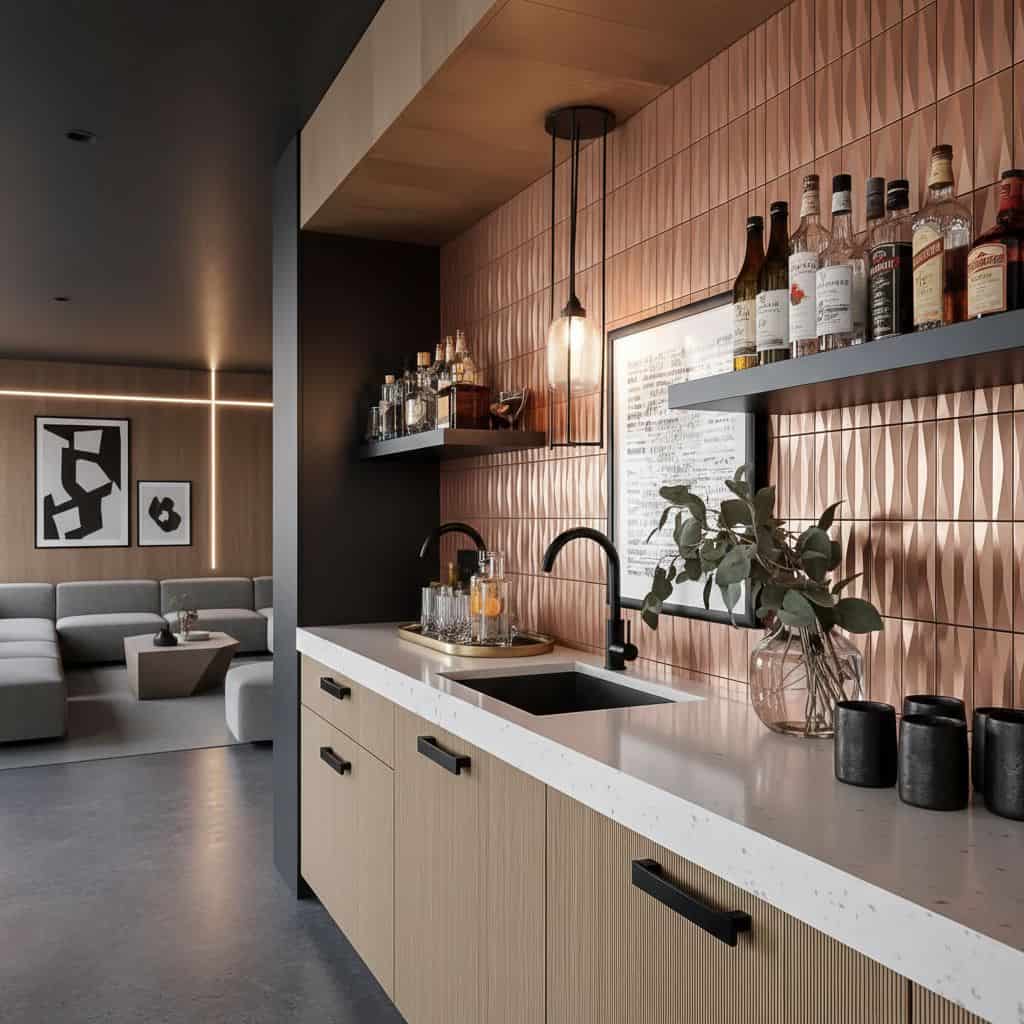 Beige textured tile backsplash with geometric pattern, in a contemporary kitchen setting.