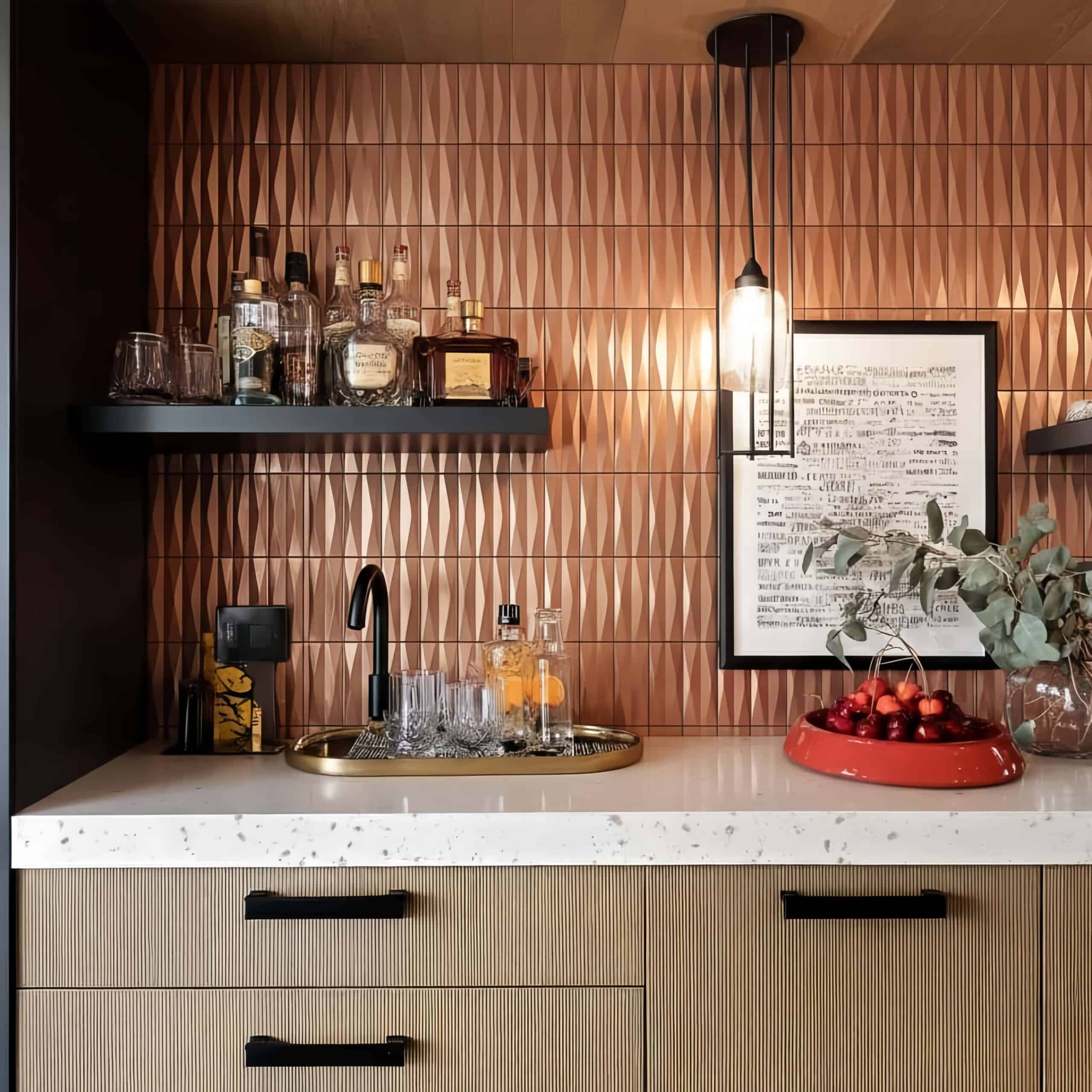 Copper-colored textured tile wall with geometric pattern and matte finish.