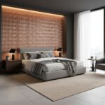 Textured wood wall paneling in warm tones, soft bedding, and contemporary furniture create a cozy, stylish bedroom.
