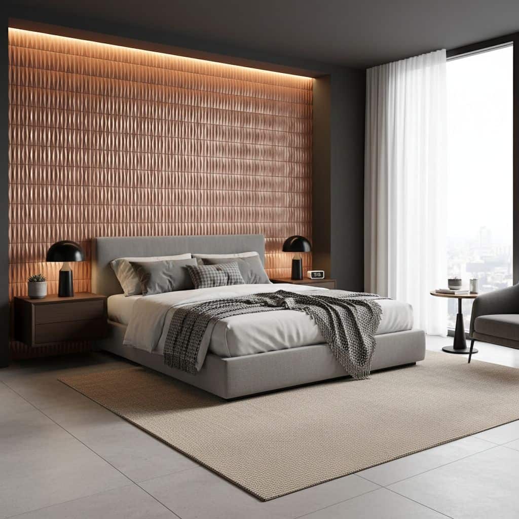 Textured wood wall paneling in warm tones, soft bedding, and contemporary furniture create a cozy, stylish bedroom.