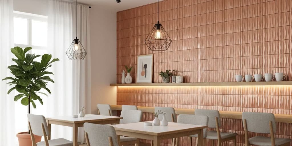 Light beige ceramic tile wall with textured surface and subtle pattern behind dining table.
