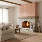Pink ceramic tiles with a matte finish above a rustic stone fireplace, creating a cozy and stylish focal point.