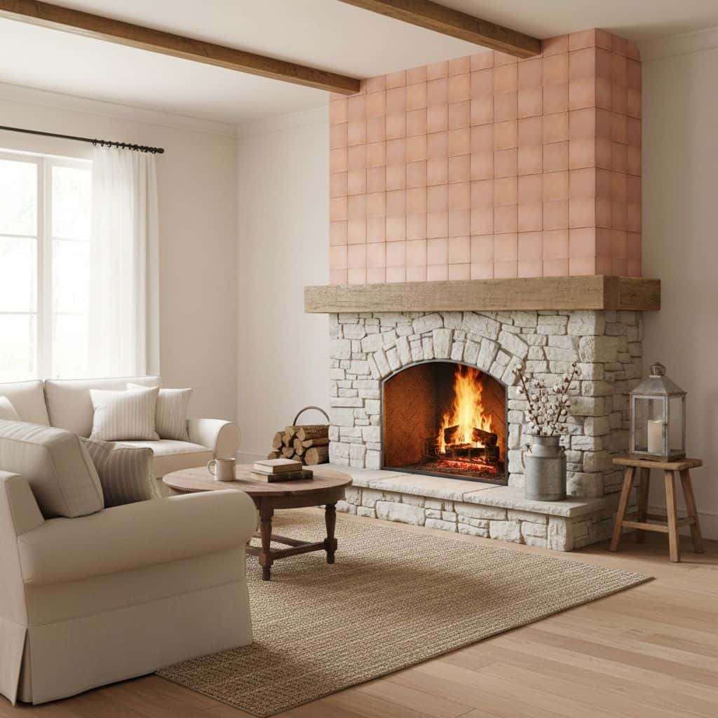 Pink ceramic tiles with a matte finish above a rustic stone fireplace, creating a cozy and stylish focal point.