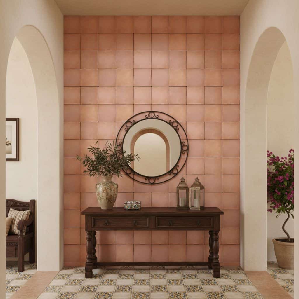 Pink ceramic tiles, smooth texture, warm tone.
