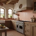 Pink ceramic tile backsplash with matte finish and subtle texture.