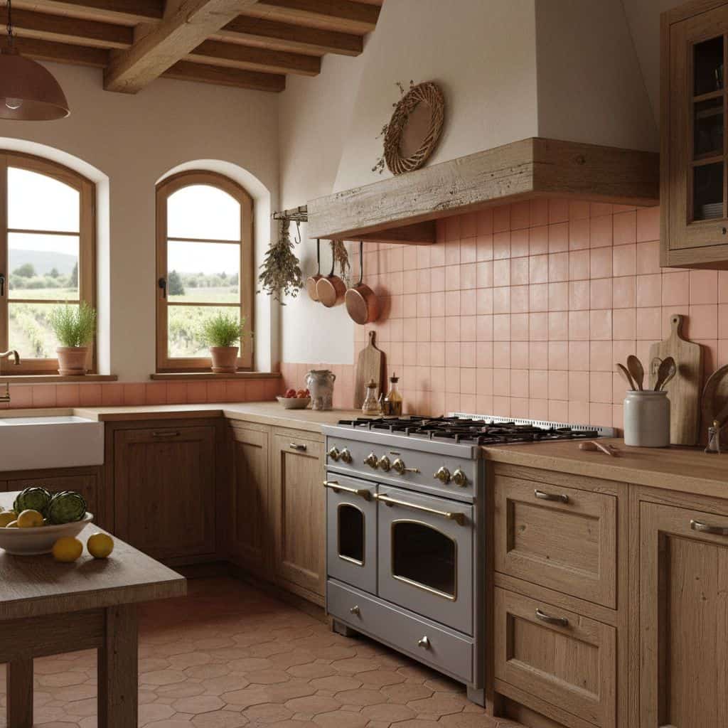 Pink ceramic tile backsplash with matte finish and subtle texture.