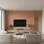 Pink terracotta tiles with textured surface, warm earthy tone, in contemporary living room setting.