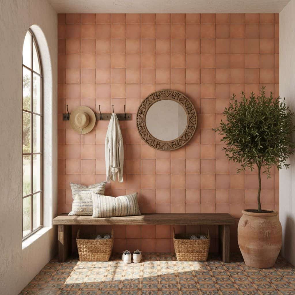Warm terracotta tile wall with textured surface and earthy tones.