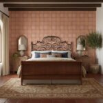 Pink terracotta tiles with textured surface and warm earthy tone, creating a cozy and rustic bedroom accent wall.