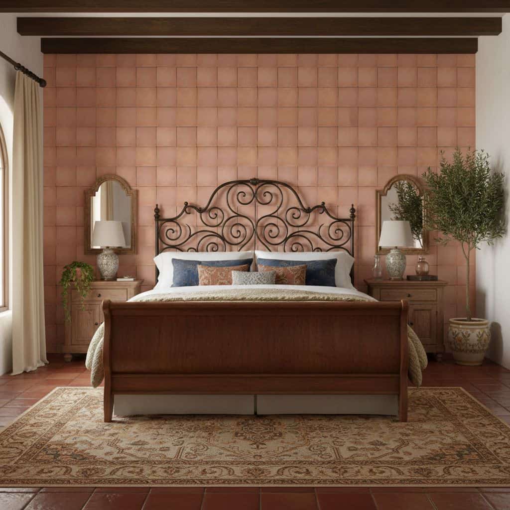Pink terracotta tiles with textured surface and warm earthy tone, creating a cozy and rustic bedroom accent wall.